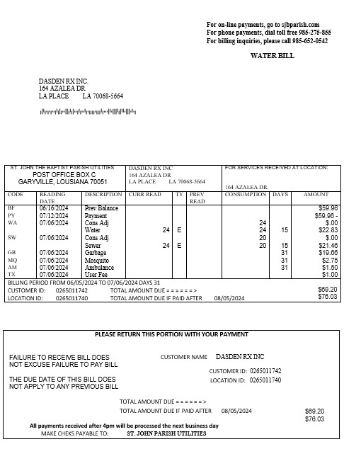 USA Louisiana St. John the Baptist Parish water business utility bill in Word and PDF formats